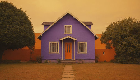 Colorful house in the garden. Photo in old color image style.の素材