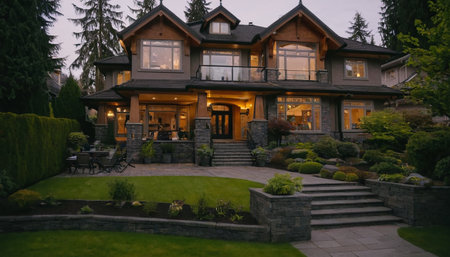 Beautiful luxury house in the garden at dusk. Beautiful landscape design.の素材