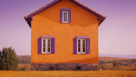 Orange house with purple windows in the field. Retro style tonedの素材