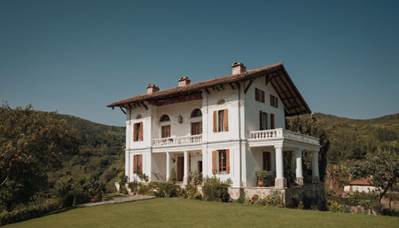 Old villa in the mountains with a beautiful view of the valleyの素材