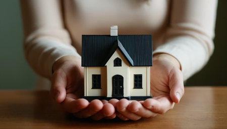 Woman holding model of house on table, closeup. Mortgage conceptの素材