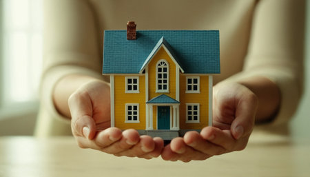 Closeup of woman holding house model in her hands. Mortgage conceptの素材