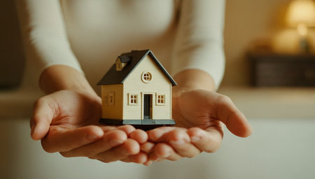 Woman holding house model in her hands. Mortgage, real estate conceptの素材