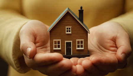 Woman's hands holding a model of a house. Real estate conceptの素材