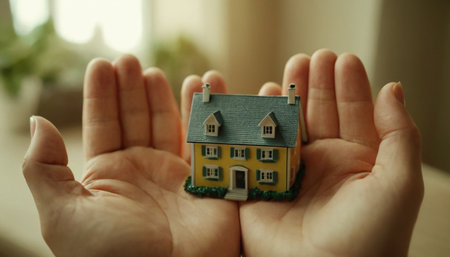 Hands holding a model of a house on a blurred background.の素材