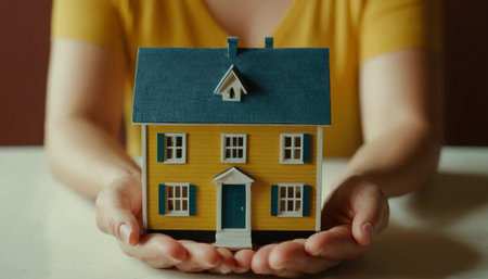 Woman hands holding house model. Real estate concept. Close up.の素材