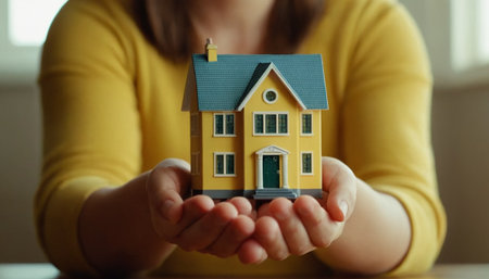 Woman holding house model in hands, closeup. Real estate conceptの素材