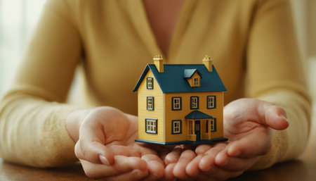 Woman holding house model in her hands, closeup. Mortgage conceptの素材