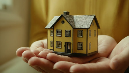 Hands holding a model of a house. Real estate concept.の素材