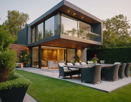 Modern villa with swimming pool and terrace. Nobody inside.の素材