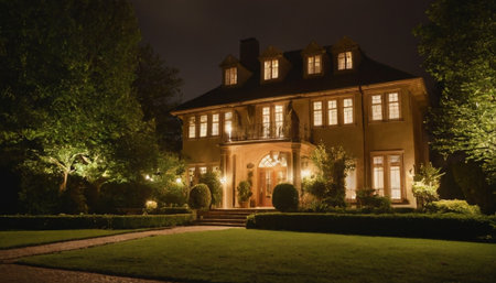 Luxury mansion in the garden at night. Vintage style.の素材