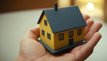 Hand holding a small house model. Real estate and property concept.の素材