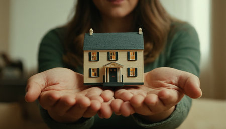 Woman holding house model in hands, closeup. Real estate conceptの素材