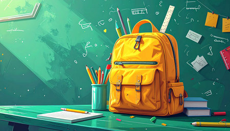 Back to school concept. School supplies on green background. Vector illustrationの素材