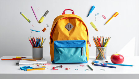 School backpack with stationery on white table. Back to school conceptの素材