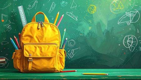 Yellow school backpack with stationery on green background. Back to school conceptの素材