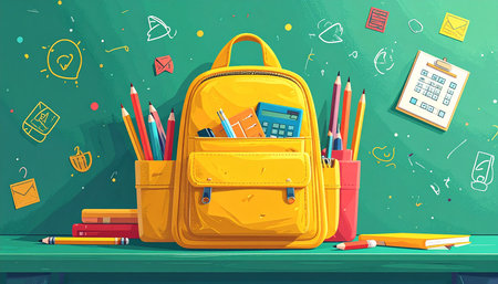 Back to school vector illustration with school bag, pencils, notebooks and stationery on green backgroundの素材