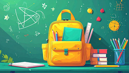 Back to school vector illustration. School bag, books, pencils, eraser, ruler, compass, globe on green backgroundの素材