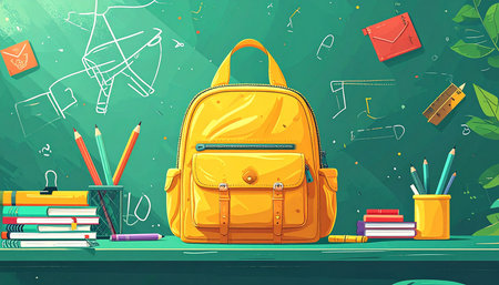Back to school background with backpack and school supplies. Vector illustration.の素材