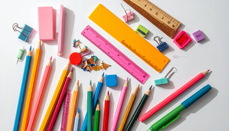 School supplies on white background. Back to school and education concept.の素材