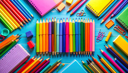 School supplies on a blue wooden background. Back to school concept.の素材