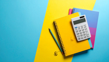 School supplies on blue and yellow background. Back to school concept.の素材