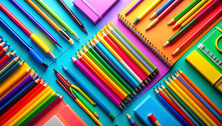 Colorful school supplies on colorful background. Back to school concept.の素材