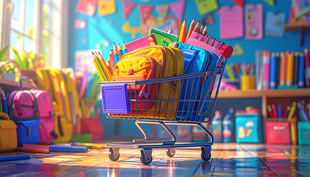 School supplies in shopping cart. Back to school concept. 3d illustrationの素材