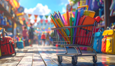 Shopping cart full of school supplies. Education concept. 3D Renderingの素材