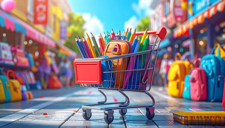 Back to school concept with shopping cart full of colorful pencils. 3d illustrationの素材