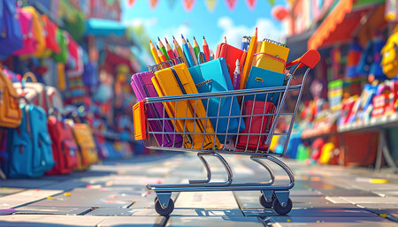 Shopping cart full of school supplies. Back to school concept.の素材