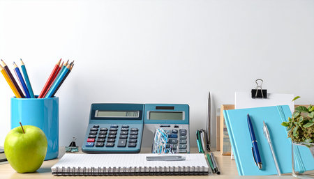 Office workplace with calculator, stationery and green apple on wooden tableの素材