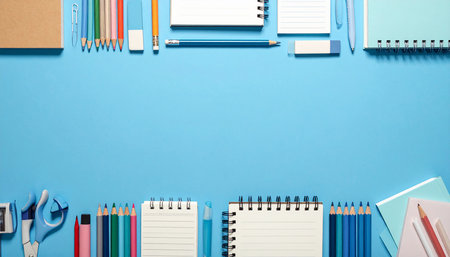 School and office supplies on blue background. Back to school concept.の素材