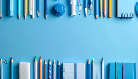 School supplies on a blue background with copy space. Top view.の素材