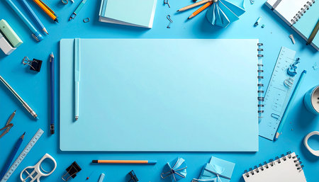 Top view of blue school and office supplies on blue background with copy spaceの素材