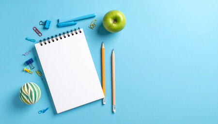School supplies on blue background, top view. Back to school conceptの素材