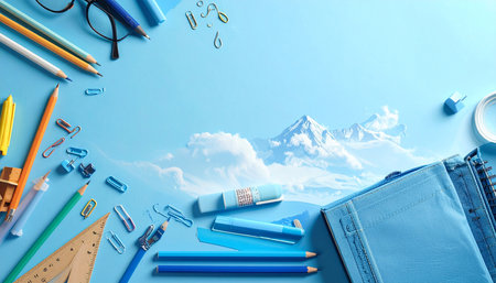 School and office supplies on blue background. Back to school concept.の素材
