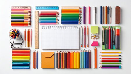 School and office supplies on white background. Back to school concept.の素材