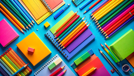 School and office supplies on blue background. Back to school concept.の素材