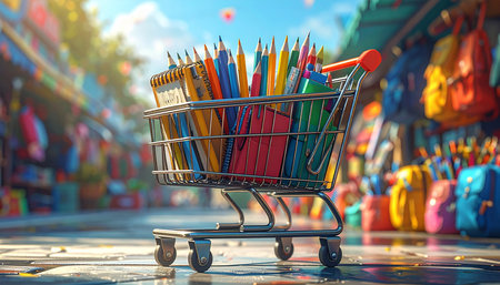 Shopping cart full of colorful pencils. Back to school concept.の素材