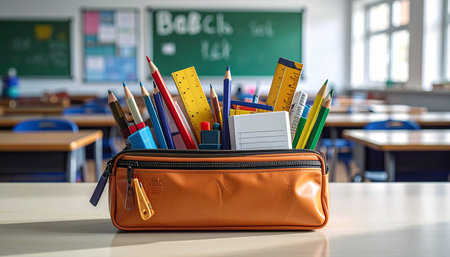 Back to school concept with pencil case full of stationery in classroomの素材