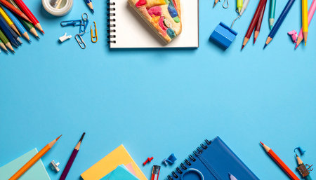 School and office supplies on blue background. Back to school concept.の素材