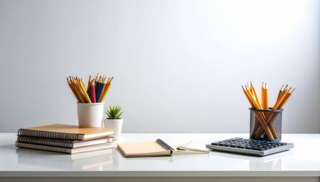 Office desk table with computer, supplies and coffee cup on white backgroundの素材