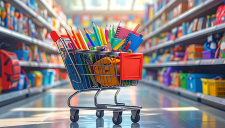 Shopping cart full of school supplies. 3d illustration. Selective focus.の素材