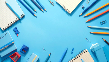 School supplies on blue background. Back to school concept. Copy space.の素材