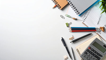 Office supplies on white table. Top view with copy space, flat layの素材