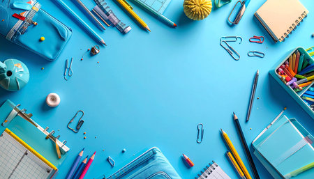 School supplies on blue background. Back to school concept. Copy space.の素材