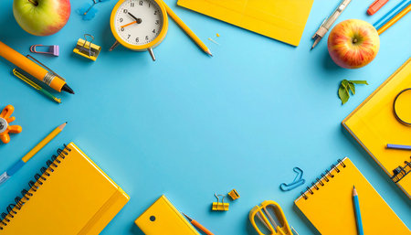 School supplies on blue background. Back to school concept. Flat lay, top viewの素材