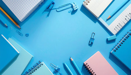 School and office supplies on blue background, top view, copy spaceの素材