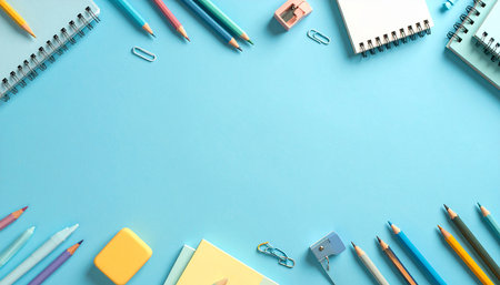 School and office supplies on blue background. Back to school concept.の素材